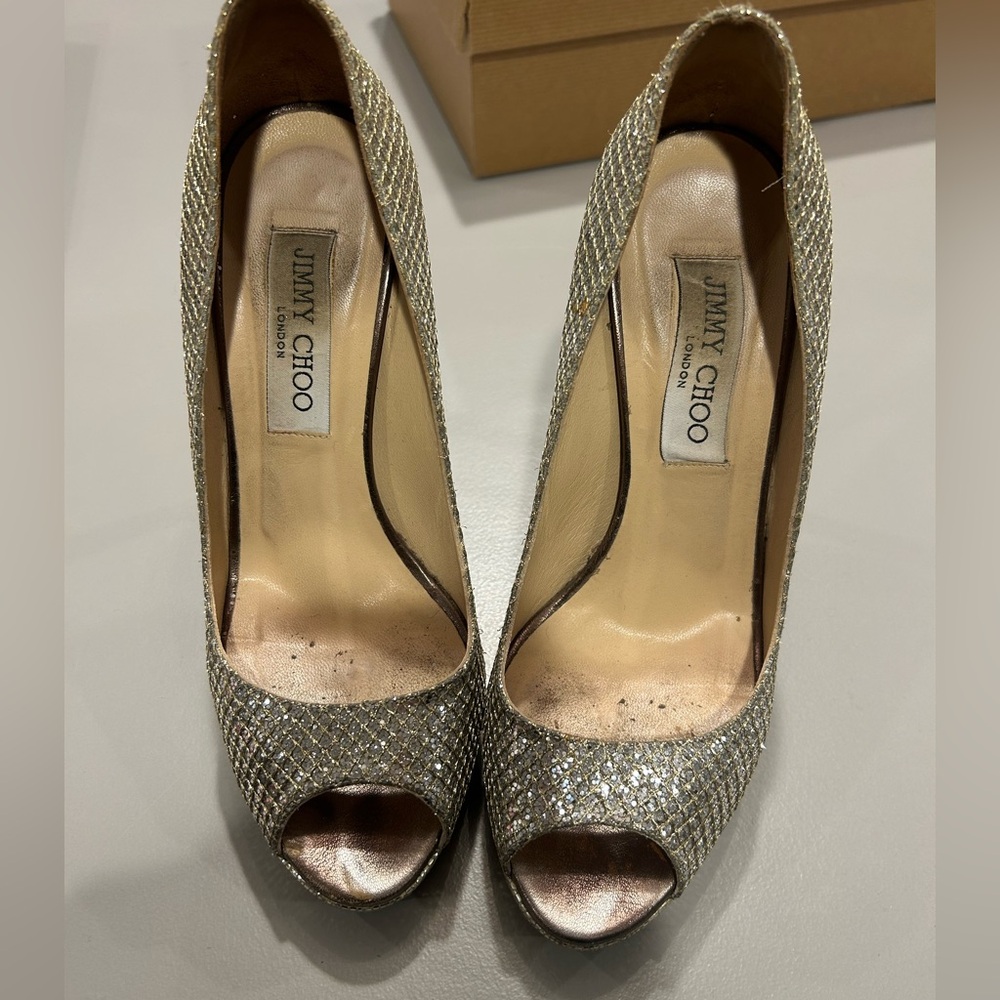Jimmy Choo Silver Sparkly Peep Toe Pump